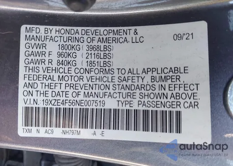 2022 Honda Insight Ex из США, поврежденный, VIN 19XZE4F56NE007519